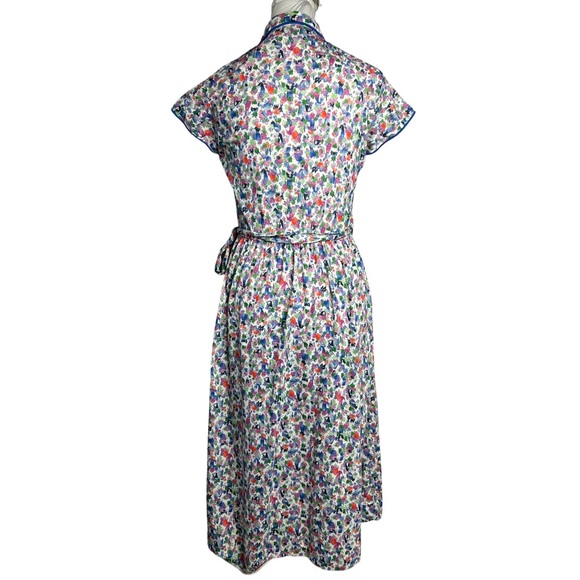 Vintage 60s Lanz  Original Wrap Dress Blue Red Floral Cap Sleeve Knit Midi XS - Picture 2 of 7